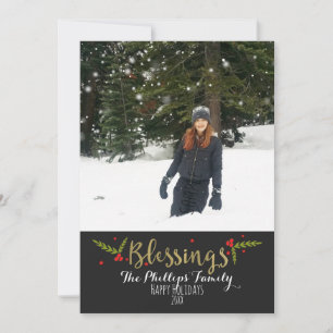 Blessings Black Gold & Red Christmas Holiday Photo Card