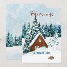 Blessings Blue Watercolor Winter Scape Christmas