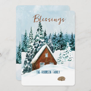 Blessings Blue Watercolor Winter Scape Christmas Holiday Card