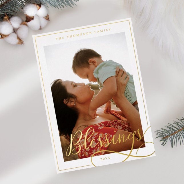 Blessings Elegant Script Calligraphy Family Photo Foil Holiday Card (Creator Uploaded)