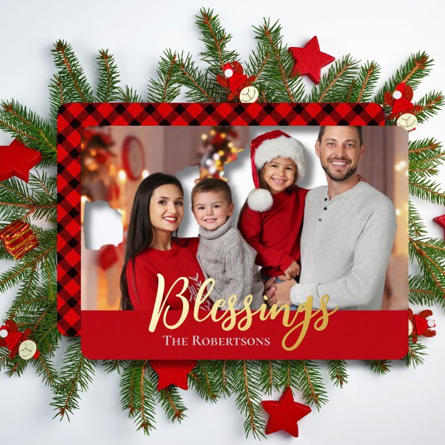 Blessings Family Photo Christmas Red & Black Plaid Foil Holiday Card (Creator Uploaded)