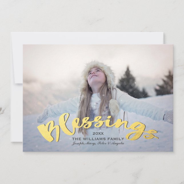 Blessings Faux Gold Script Holiday Christmas Photo (Front)