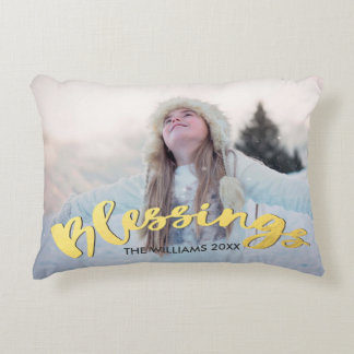 Blessings Faux Gold Script Holiday Christmas Photo Decorative Cushion