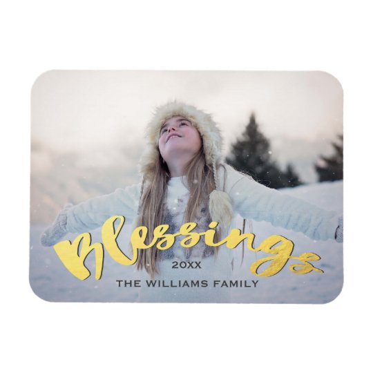 Blessings Faux Gold Script Holiday Christmas Photo Magnet