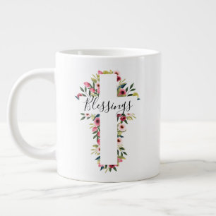 Blessings Floral Watercolor Religious Cross Large Coffee Mug