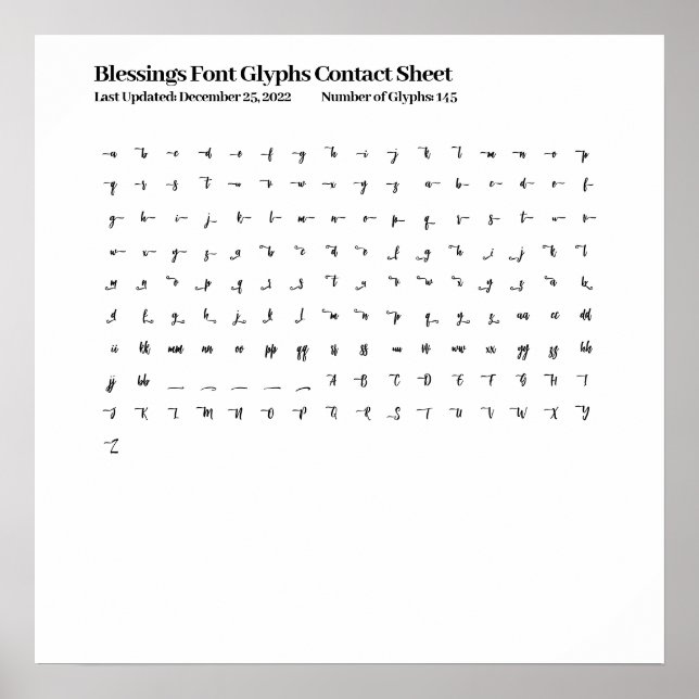 Blessings Font Glyphs Contact Sheet Poster (Front)