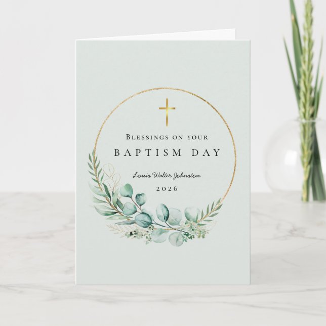 Blessings for Baptism Sage Green Botanical Card (Front)