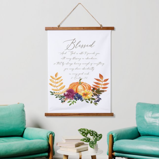 Blessings in abundance fall pumpkins and mums   hanging tapestry (Living Room)