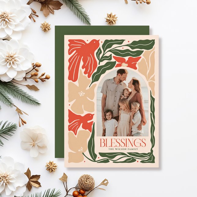 Blessings Red Birds Botanical 2 Photo Christmas Holiday Card (Creator Uploaded)