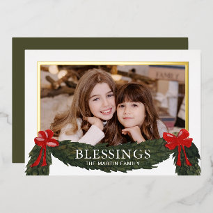 Blessings Religious Christmas Photo Green Foil Holiday Card