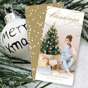 Blessings Script Religious Christmas Elegant Photo Holiday Card