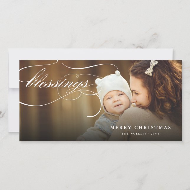 Blessings Script Religious Christmas Elegant Photo Holiday Card (Front)