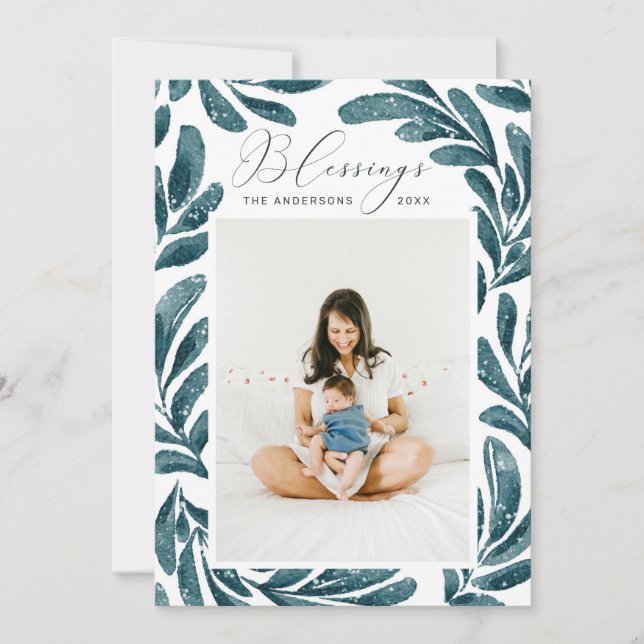 Blessings. Watercolor blue religious Christmas Holiday Card (Front)