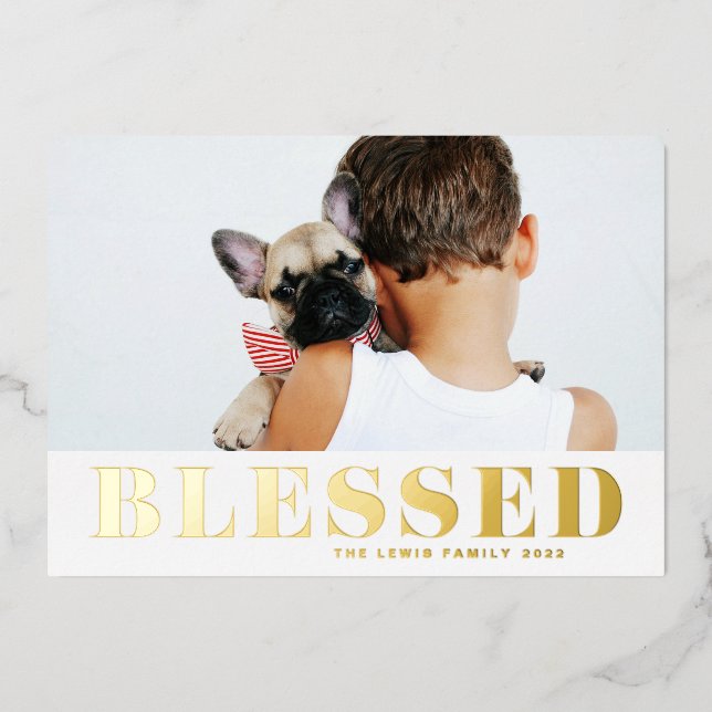 Blesssed Bold Typography Photo Foil Holiday Card (Front)