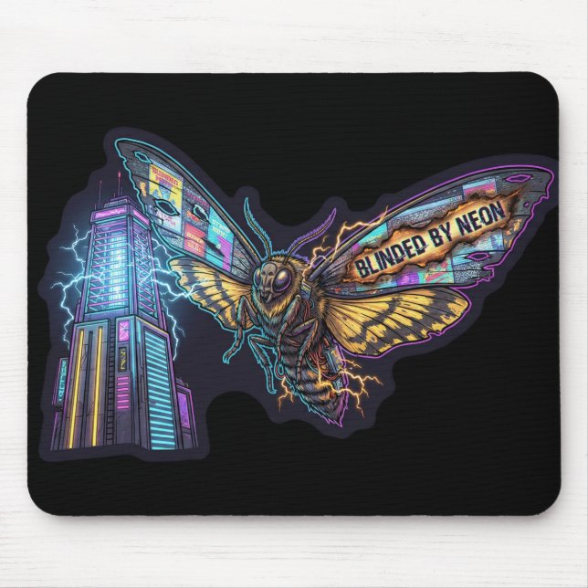 Blinded By Neon – Cyberpunk Moth City Lights Mouse Mat (Front)