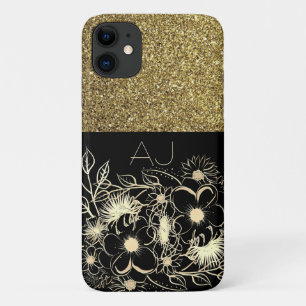 Bling Bling Gold Glitter Black Flowers Luxury iPhone 11 Case