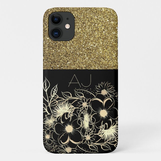 Bling Bling Gold Glitter Black Flowers Luxury Case-Mate iPhone Case (Back)