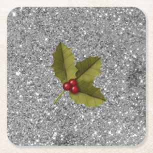 Bling Christmas Holly Berry Leaf Silver Glitter Square Paper Coaster