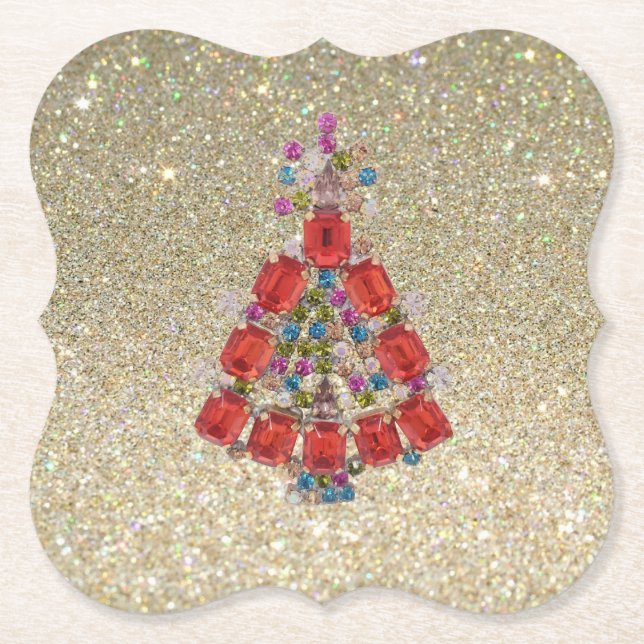Bling Christmas Red Tree Gold Glitter  Paper Coaster (Front)