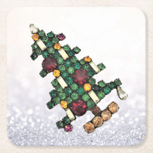 Bling Christmas Tree Glitter Square Paper Coaster
