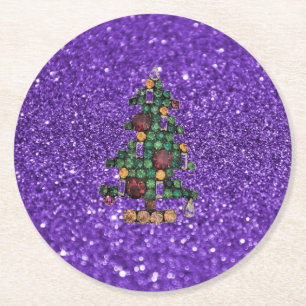 Bling Christmas Tree Purple Glitter Paper Coaster