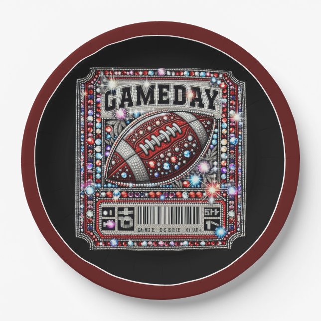 Bling Football Party Big Game Bowl Gameday Ticket Paper Plate (Front)
