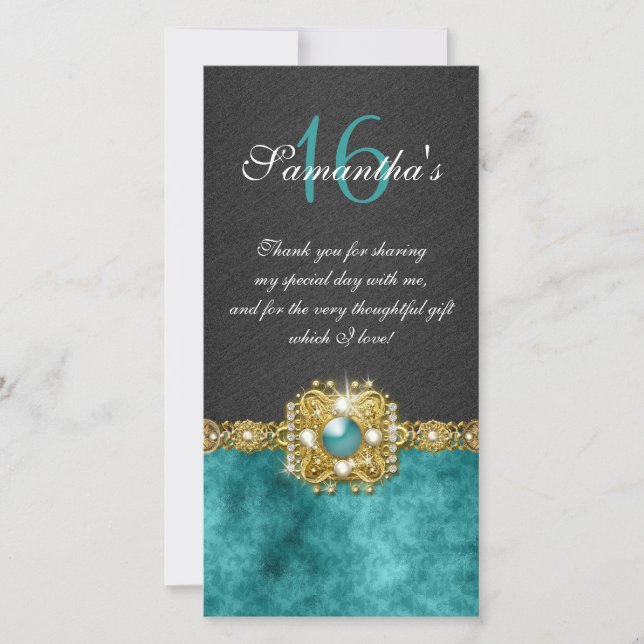 Bling gems diamond pearl damask thank you card (Front)