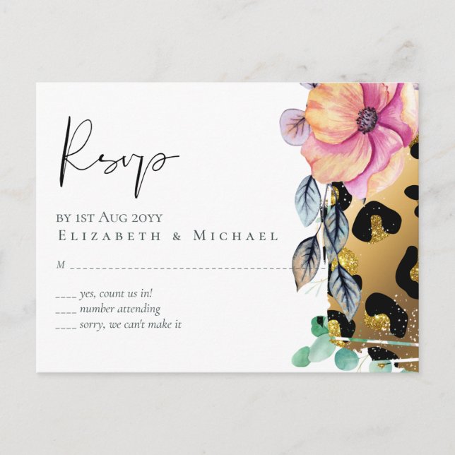 Bling Girly Glam Leopard Print Pink Gold Wedding Postcard (Front)