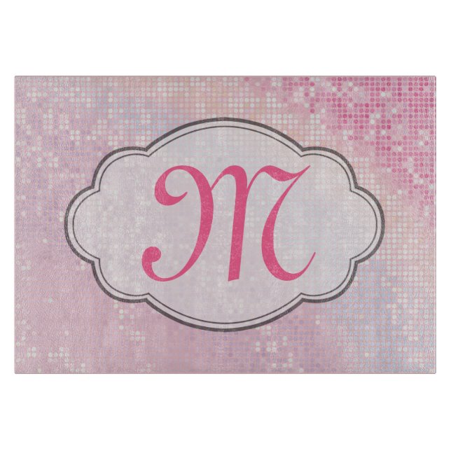 Bling Glitter Girly Monogram Glass Cutting Board (Front)