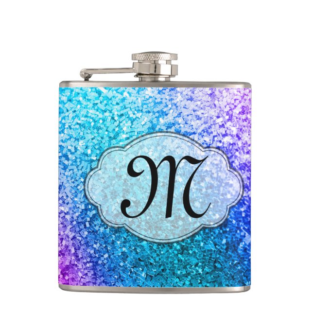 Bling Glitter Girly Pink Monogram Whiskey Flask (Front)