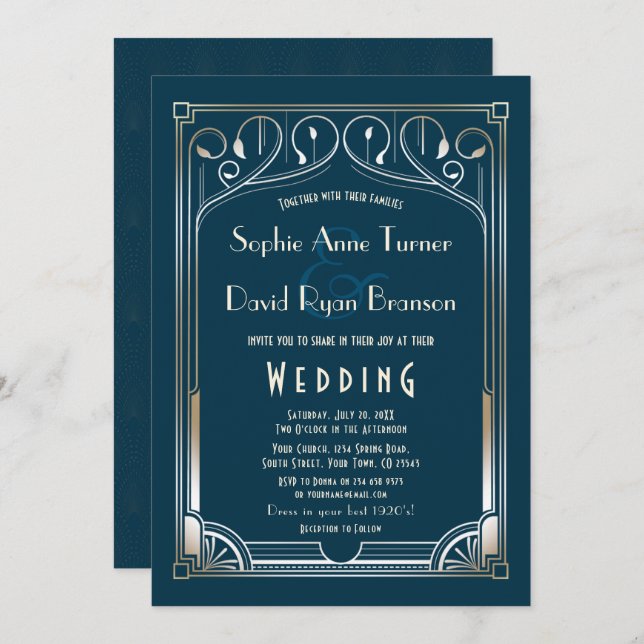 Bling Great Gatsby Gold Blue Art Deco Wedding Invitation (Front/Back)