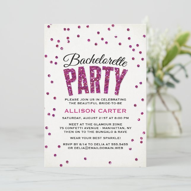 Bling Hot Pink Glitter Gems Bachelorette Party Invitation (Standing Front)