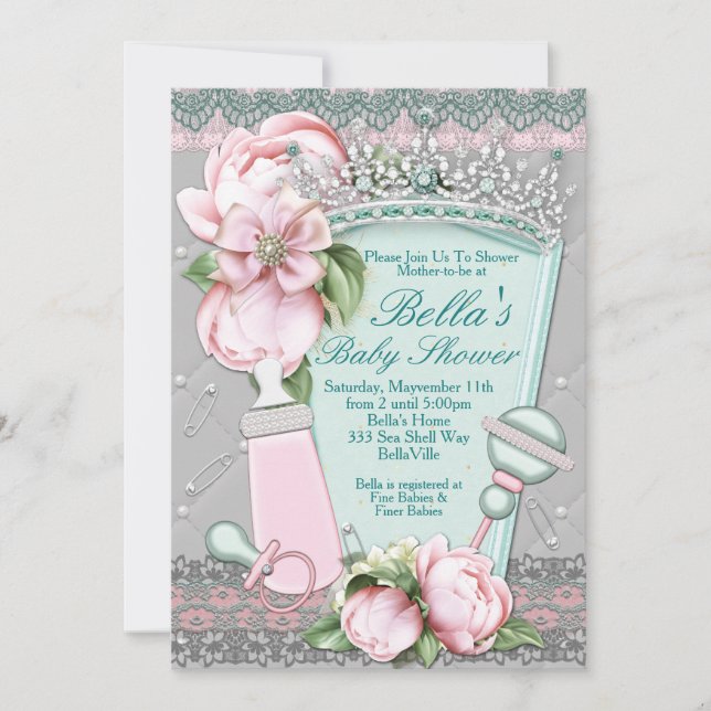 Bling Jewel Floral Baby Shower Invitations (Front)