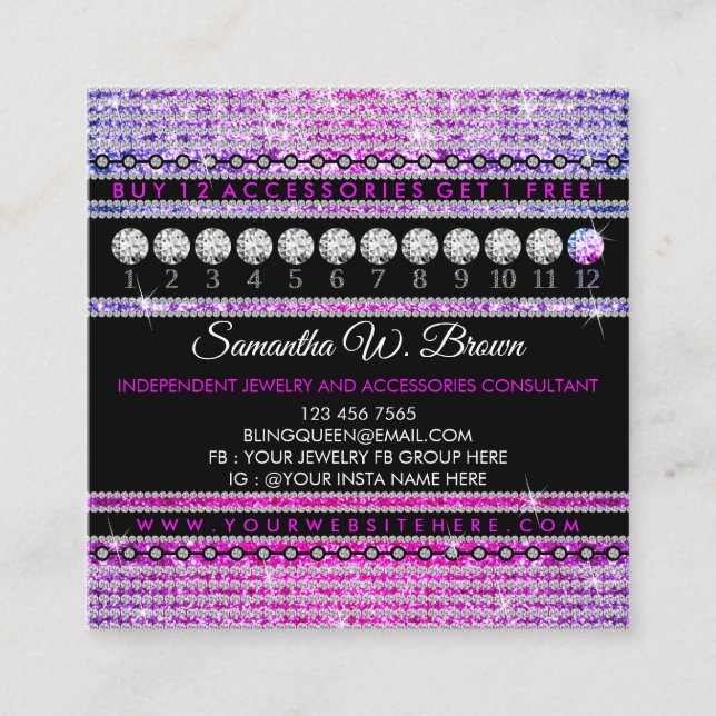 Bling Jewellery Glitz Glam Luxury Diamond Square Business Card (Front)