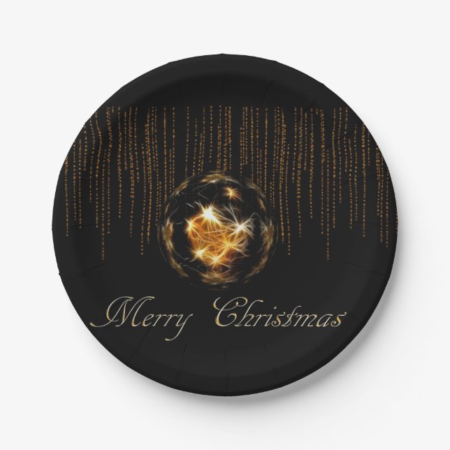 Bling Merry Christmas Black and Gold  Paper Plate (Front)