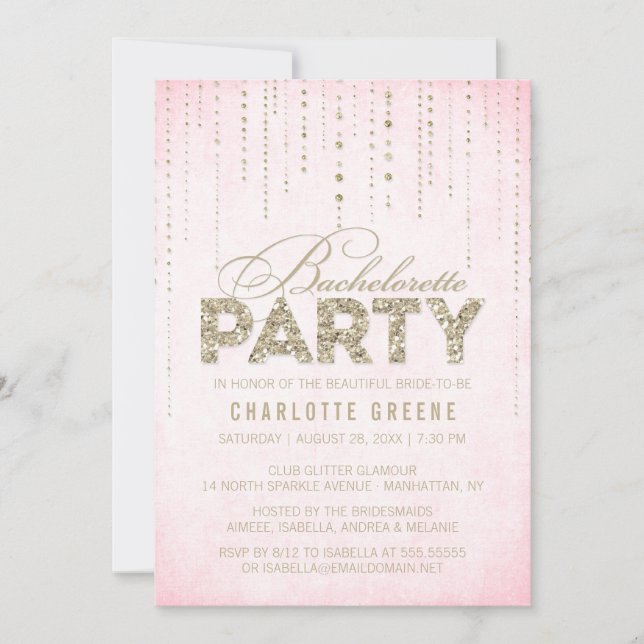 Bling Pink & Gold Glitter Bachelorette Party Invitation (Front)