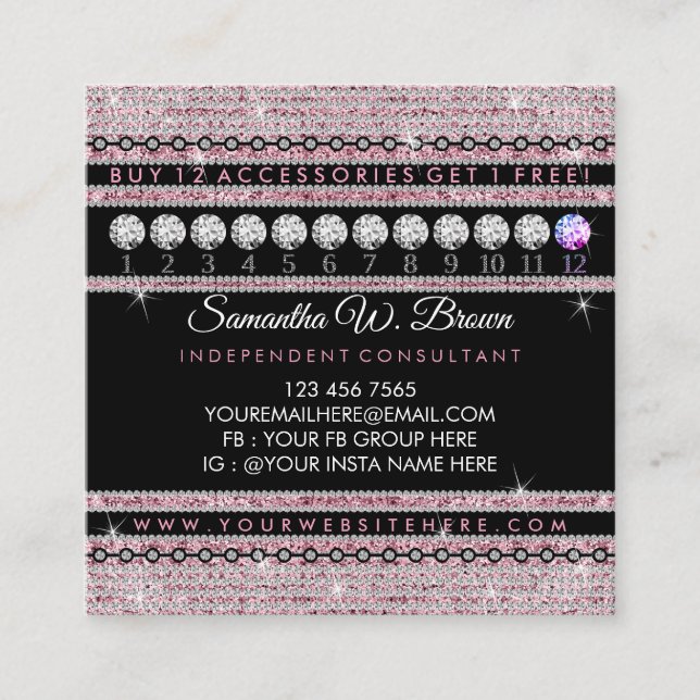 Bling Pink Jewellery Diamond Punch Loyalty Square Business Card (Front)