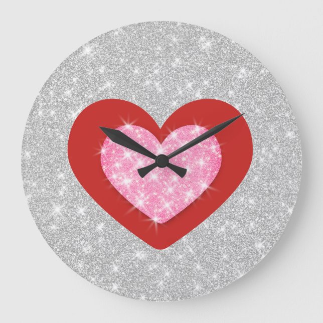 Bling Pink Love Heart Large Clock (Front)