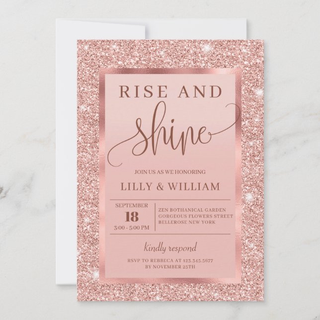 Bling rose gold wedding brunch rise and shine invitation (Front)