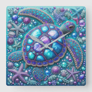 Bling Sea Turtle Blue Purple Teal  Square Wall Clock