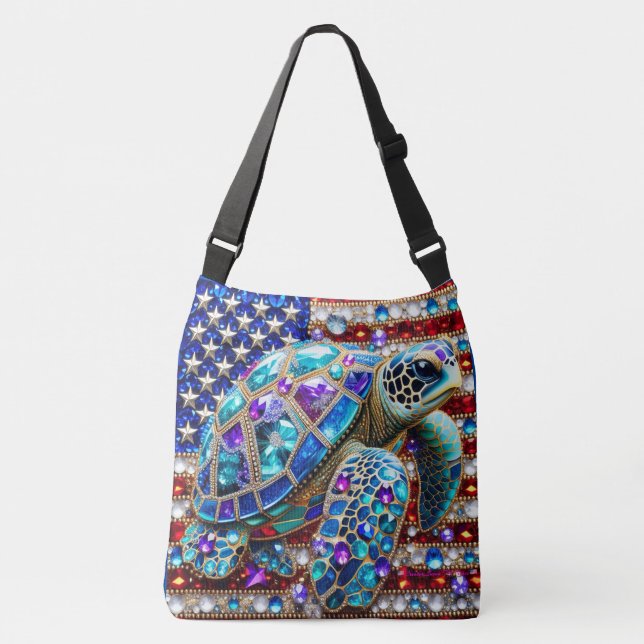 Bling Sea Turtle Patriotic  Crossbody Bag (Front)