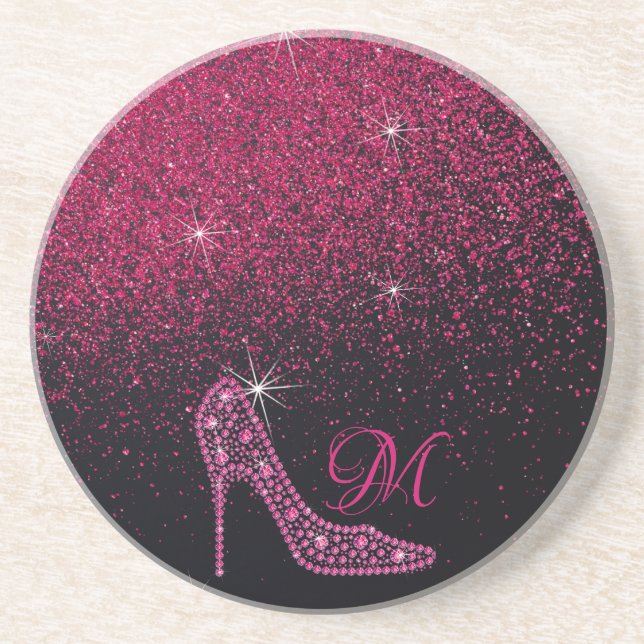 Bling Sparkle Diamond Glitter High Heels Pink Coaster (Front)