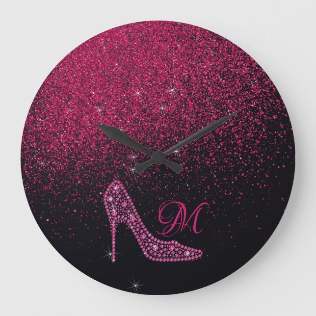 Bling Sparkle Diamond Glitter High Heels Pink Large Clock (Front)