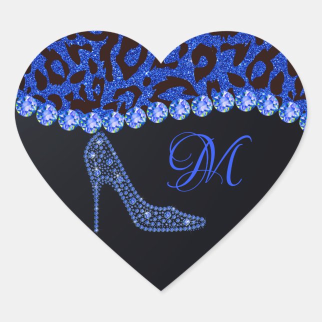Bling Sparkle Diamond Glitter Leopard Blue Heart Sticker (Front)