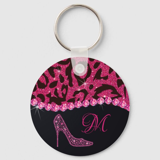 Bling Sparkle Diamond Glitter Leopard Pink Key Ring (Front)