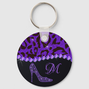 Bling Sparkle Diamond Glitter Leopard Purple Key Ring