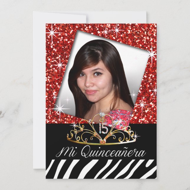 Bling Tiara Zebra Quinceañera 15th Birthday | red Invitation (Front)