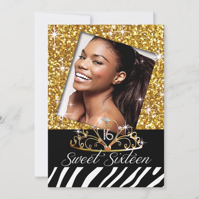 Bling Tiara Zebra Sweet 16 Birthday Celebration Invitation (Front)