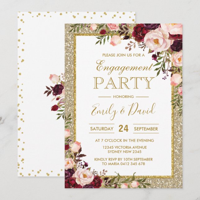Bling Watercolor Burgundy Blush Roses Engagement Invitation (Front/Back)