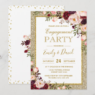 Bling Watercolor Burgundy Blush Roses Engagement Invitation
